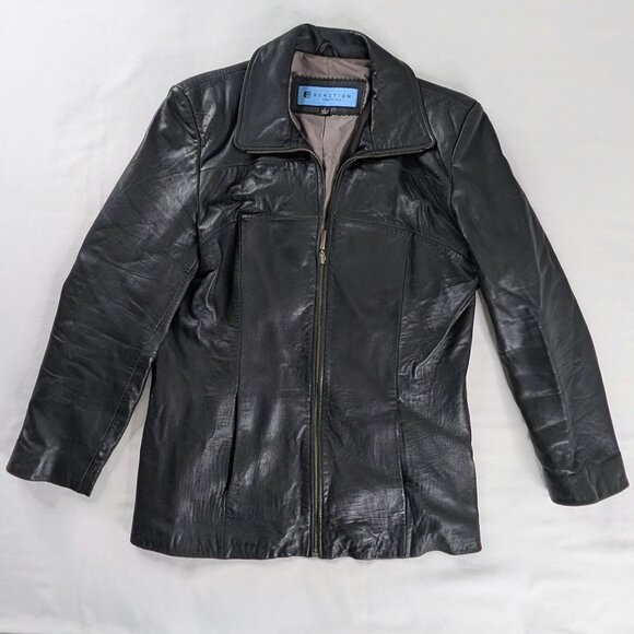 VTG Kenneth Cole Reaction Black Leather Full Zip Collared Leather Jacket Y2k - Picture 1 of 9